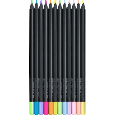 Faber-Castell Black Edition Pack de 12 Crayons de Couleur Néon+Pastel - Mine Super Douce - Bois Noir - Idéal pour Dessiner sur