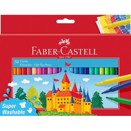 ✅ Faber-Castell Castle Lot de 50 marqueurs - Encre lavable à base d'eau - Couleurs assorties couleur Plusieurs en stock