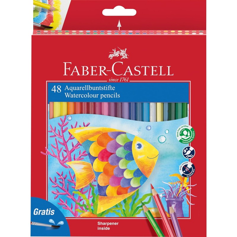 Faber-Castell Classic Color Crayons Aquarelle Paquet de 48 Crayons de Couleur Aquarelle Hexagonaux + Pinceau - Résistance à la