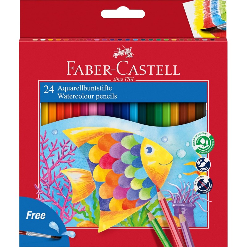 Faber-Castell Crayons aquarelle de couleur classique paquet de 24 crayons de couleur aquarelle hexagonaux + pinceau
