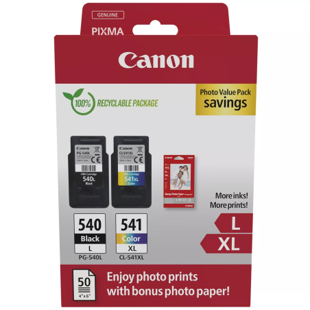 Canon PG540L Noir + CL541XL Couleur Pack 2 Cartouches + 50 Feuilles Ph