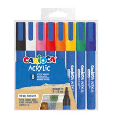 Lot de 8 marqueurs acryliques Carioca - Pointe ronde moyenne 1,8-2,5 mm - Encre à base d'eau - Haute couverture - Couleurs