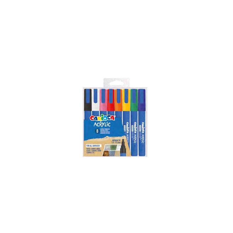 Lot de 8 marqueurs acryliques Carioca - Pointe ronde moyenne 1,8-2,5 mm - Encre à base d'eau - Haute couverture - Couleurs