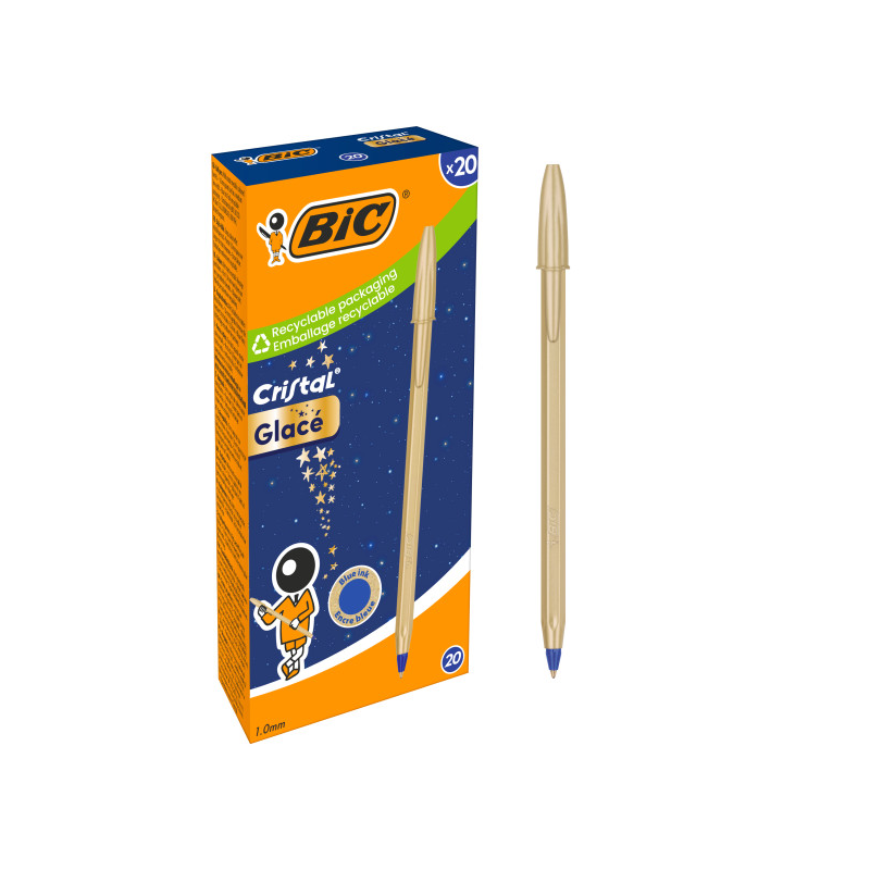 LOT de 20 Stylo bille Bic Cristal Glace - Corps opaque or mat - Pointe ronde 1 mm - Largeur de trait 0,4 mm - Encre à base
