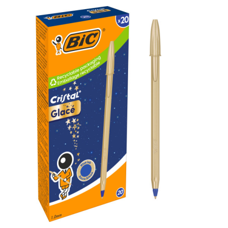LOT de 20 Stylo bille Bic Cristal Glace - Corps opaque or mat - Pointe ronde 1 mm - Largeur de trait 0,4 mm - Encre à base