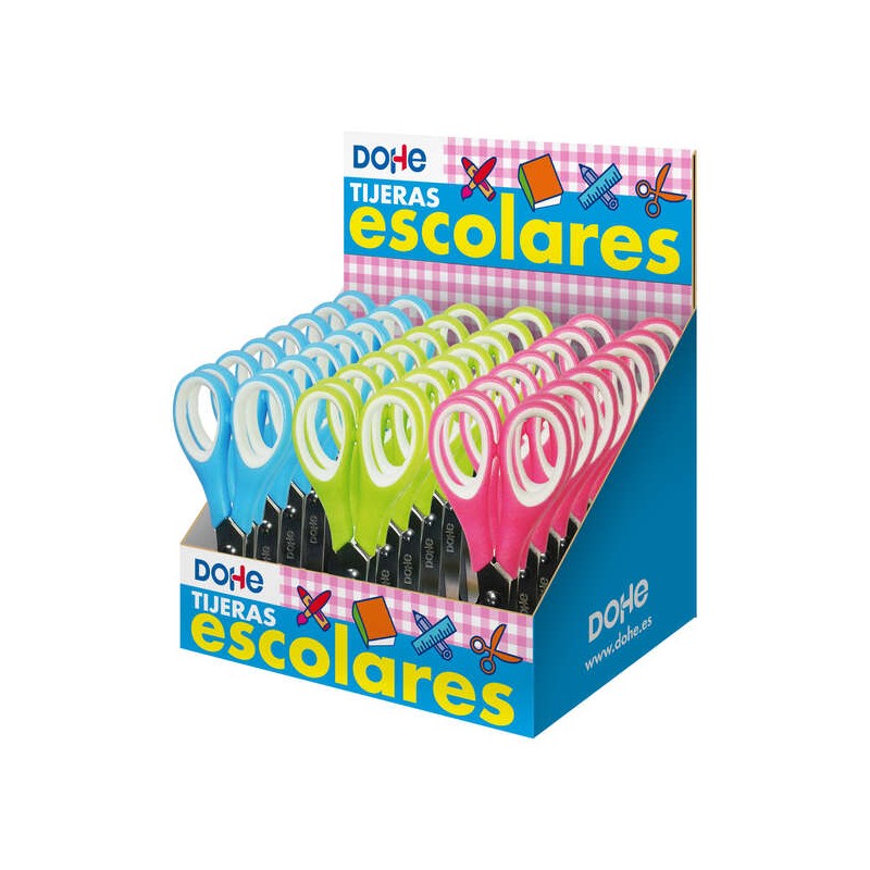 LOT de 24 Dohe Présentoir de 24 Ciseaux d'Ecole 125 mm - Lames en Acier Inoxydable - Pointes Arrondies - Manche Ergonomique en