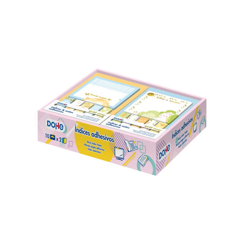 Dohe Boîte Présentoir de 20 Notes Autocollantes et Index - 70x70mm et 12x45mm - Motifs Estampillés Or