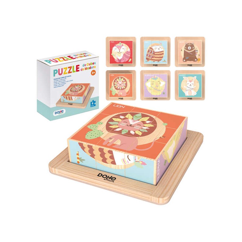 Dohe Puzzle en blocs de bois naturel – Bords arrondis – Motifs animaux – Stimule la coordination œil-main – Encourage
