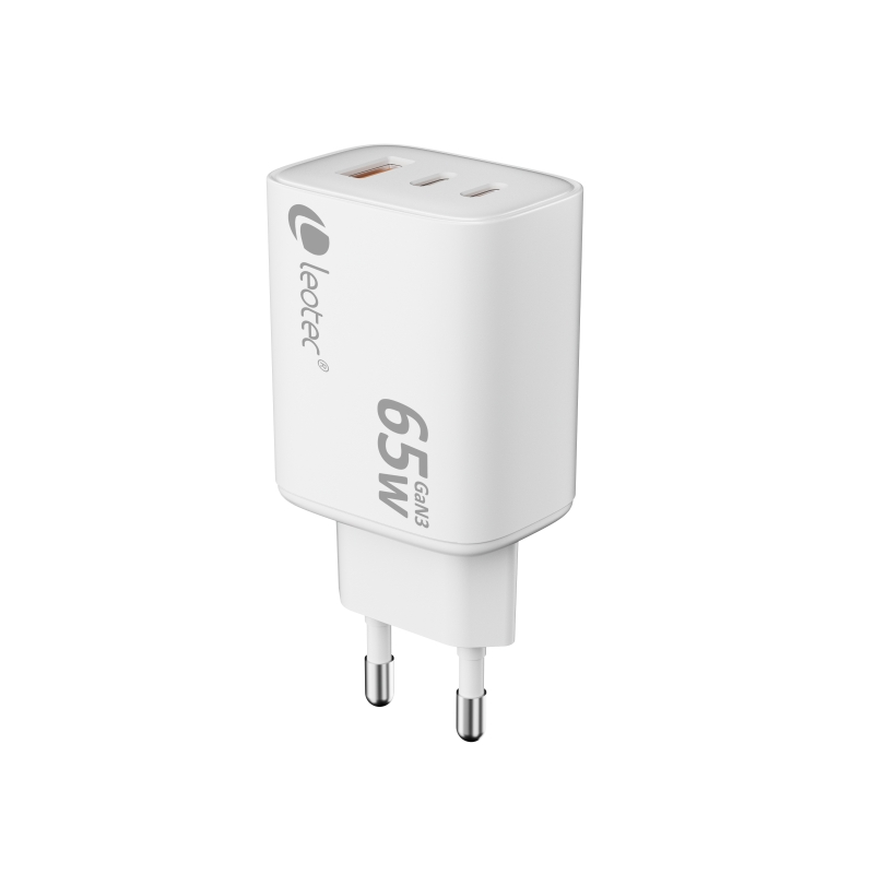 Chargeur universel Leotec 65 W GAN - Ultra fin - 2 ports USB-C PD + 1 port USB-A - Blanc