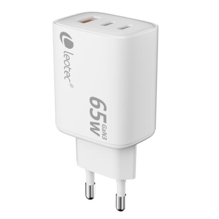Chargeur universel Leotec 65 W GAN - Ultra fin - 2 ports USB-C PD + 1 port USB-A - Blanc