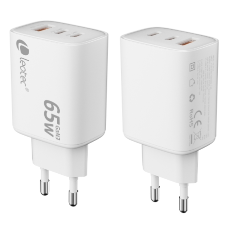 Chargeur universel Leotec 65 W GAN - Ultra fin - 2 ports USB-C PD + 1 port USB-A - Blanc