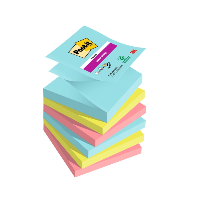 Post-It Super Sticky Pack de 6 blocs de 90 notes autocollantes repositionnables - Forme carrée - 76 x 76 mm - Zig-Zag