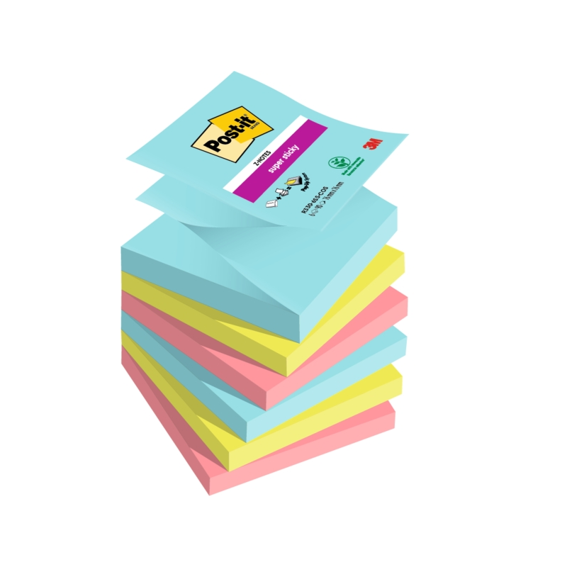 Post-It Super Sticky Pack de 6 blocs de 90 notes autocollantes repositionnables - Forme carrée - 76 x 76 mm - Zig-Zag