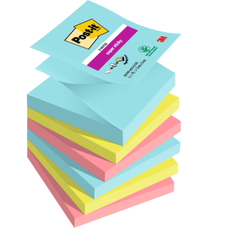 Post-It Super Sticky Pack de 6 blocs de 90 notes autocollantes repositionnables - Forme carrée - 76 x 76 mm - Zig-Zag