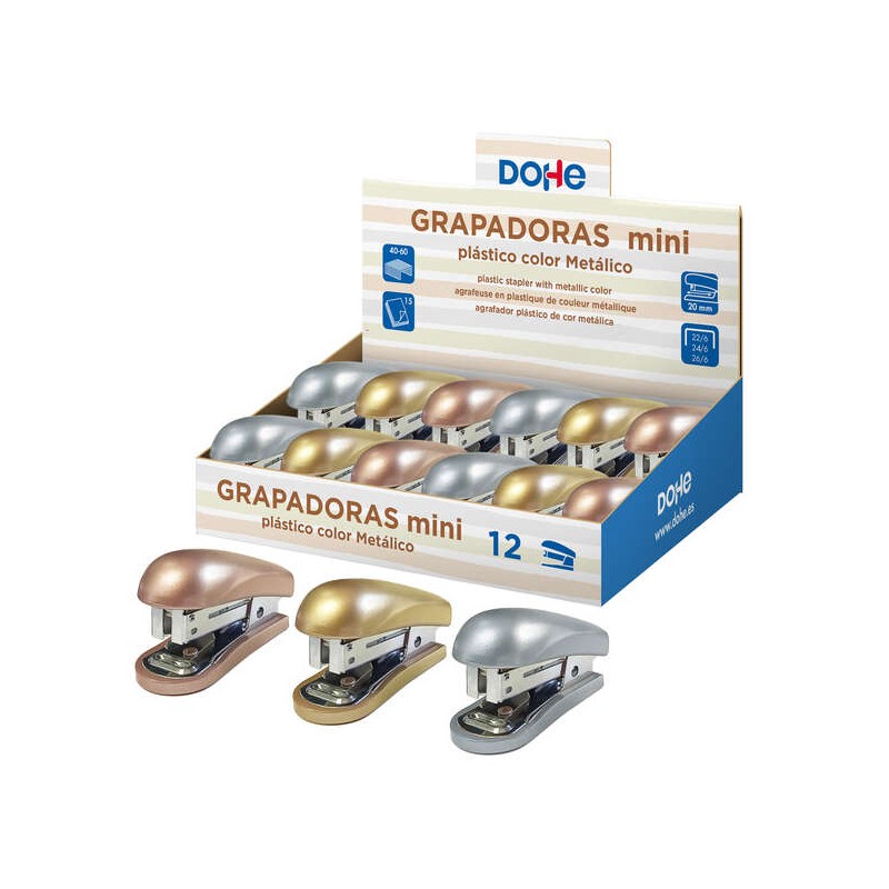 LOT de 12 Dohe Présentoir de 12 Mini Agrafeuses de Bureau - Matières Plastiques Premium - Capacité d'agrafage jusqu'à 15