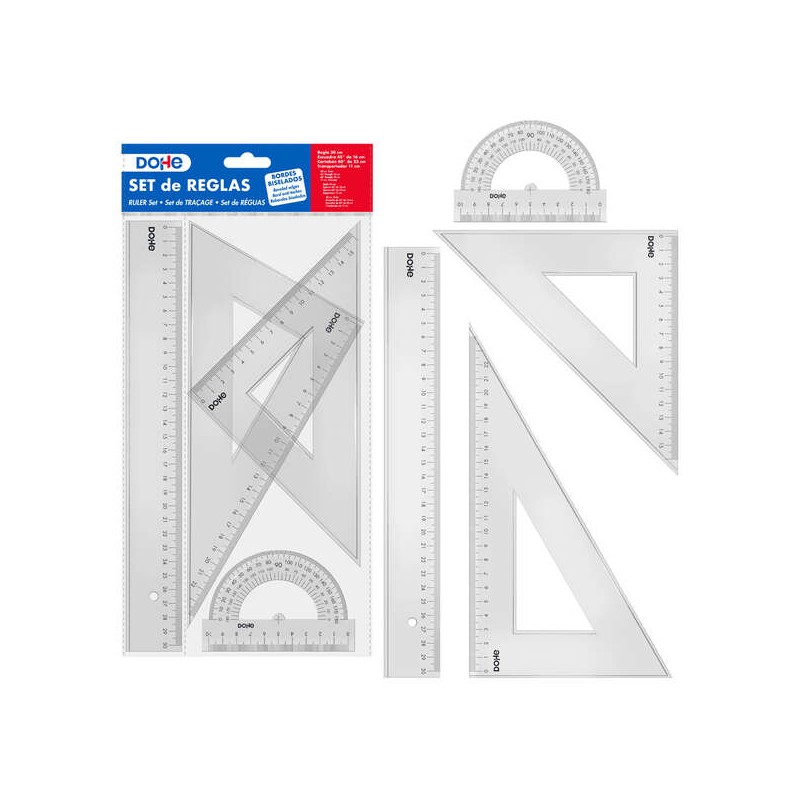 Ensemble de règles Dohe - Règle, équerre, biseau et rapporteur - Plastique injecté transparent - Bords biseautés et bordés
