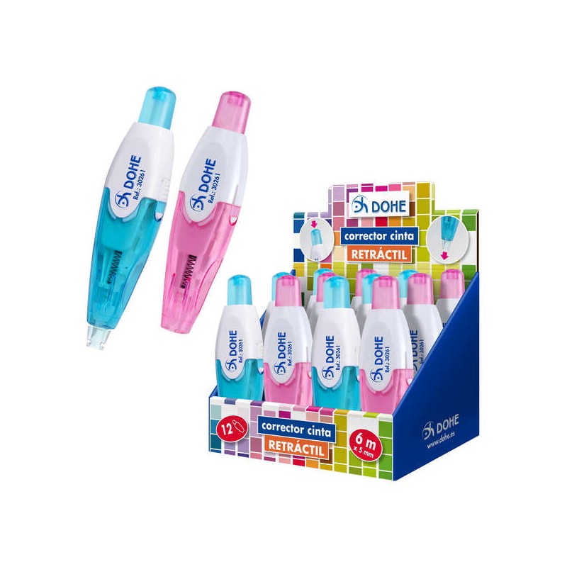 Correcteurs à ruban rétractable Dohe x12 rose et bleu Correcteurs à ruban rétractable Dohe x12 rose et bleu