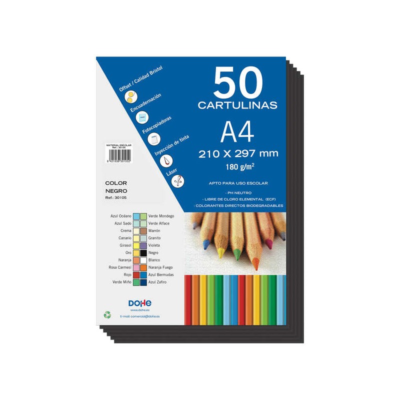 Cartons colorés Dohe 180 G/M2 - Format A4 - PH Neutre - Sans chlore élémentaire - Colorants biodégradables