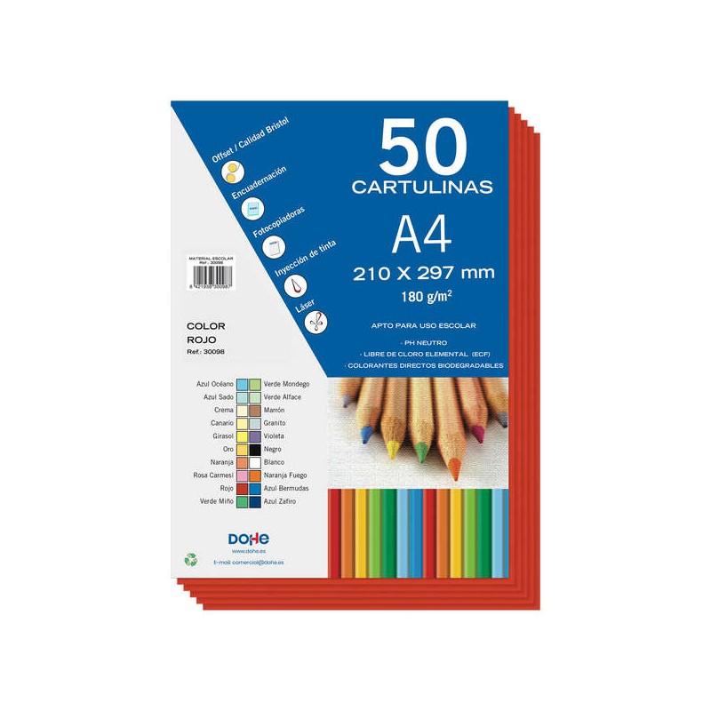 Cartons colorés Dohe 180 G/M2 - Format A4 - PH Neutre - Sans chlore élémentaire - Colorants biodégradables