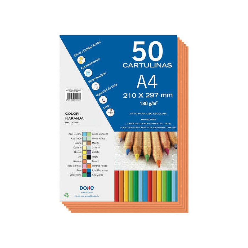 Cartons colorés Dohe 180 G/M2 - Format A4 - PH Neutre - Sans chlore élémentaire - Colorants biodégradables