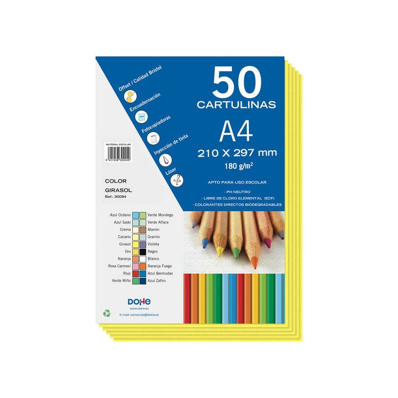 Cartons colorés Dohe 180 G/M2 - Format A4 - PH Neutre - Sans chlore élémentaire - Colorants biodégradables