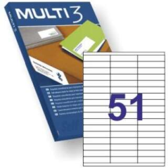 Multi3 Pack de 5100 Étiquettes Blanches Taille 70x16,9mm - 100 Feuilles x 51 Étiquettes - Adaptées à l'Impression Laser et Encre