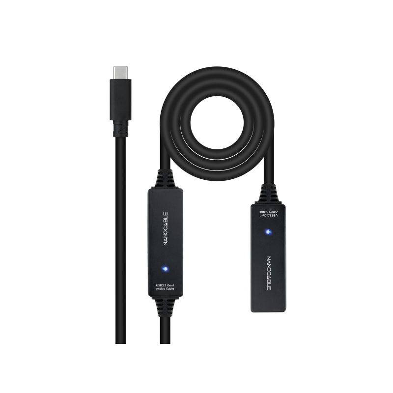Câble d'extension Nanocable USB-C 3.2 mâle vers USB-C 3.2 femelle - 10 mètres - Amplificateur - Noir
