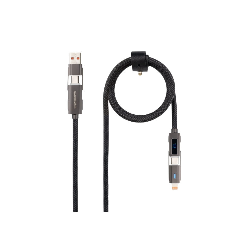 Câble Nanocable 4-en-1 USB-C - Puissance jusqu'à 27 W - Longueur 1 m - Adaptateurs USB-A et Lightning intégrés - Affichage numér