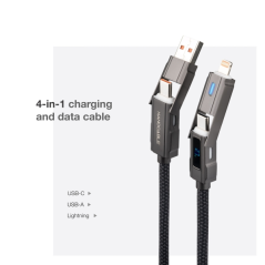 Câble Nanocable 4-en-1 USB-C - Puissance jusqu'à 27 W - Longueur 1 m - Adaptateurs USB-A et Lightning intégrés - Affichage numér