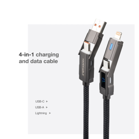 Câble Nanocable 4-en-1 USB-C - Puissance jusqu'à 27 W - Longueur 1 m - Adaptateurs USB-A et Lightning intégrés - Affichage numér