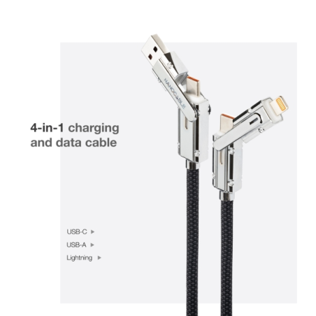 Câble Nanocable 4-en-1 USB-C - Puissance jusqu'à 27 W - Longueur 1 m - Adaptateurs USB-A et Lightning intégrés - Indicateur LED