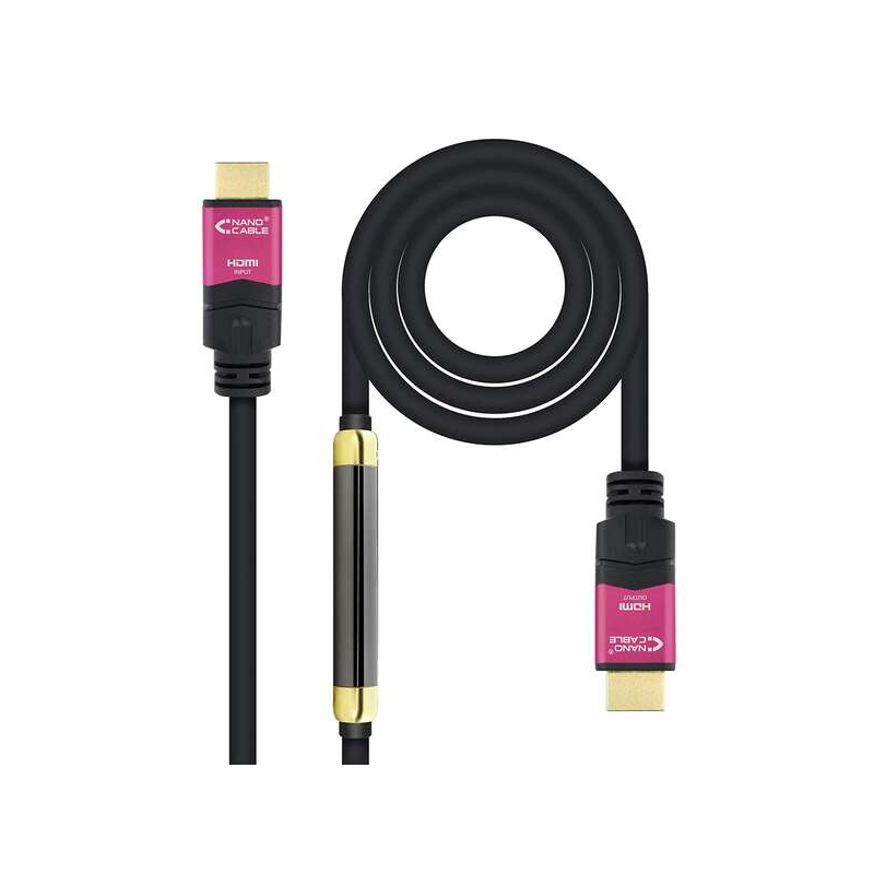 Câble Nanocable HDMI v2.0 Mâle avec Répéteur vers HDMI v2.0 Mâle 20m - 4K@60Hz 18Gbps - Haute Vitesse - Couleur Noir/Rose