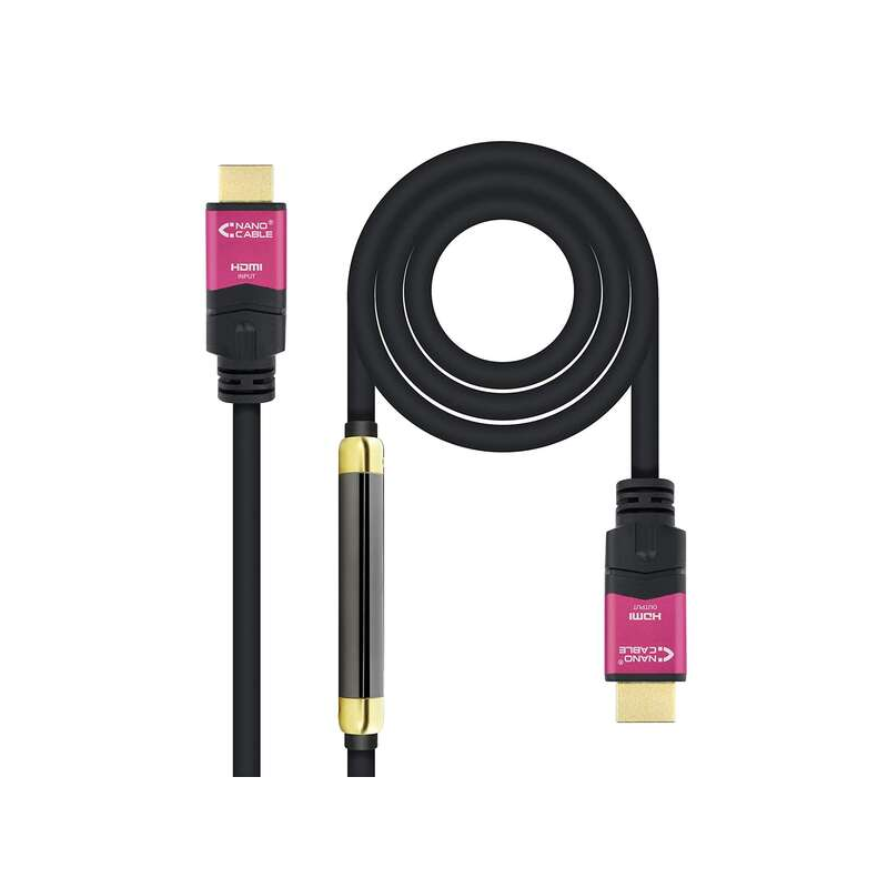 Câble Nanocable HDMI v2.0 Mâle avec Répéteur vers HDMI v2.0 Mâle 25m - 4K@60Hz 18Gbps - Haute Vitesse - Couleur Noir/Rose