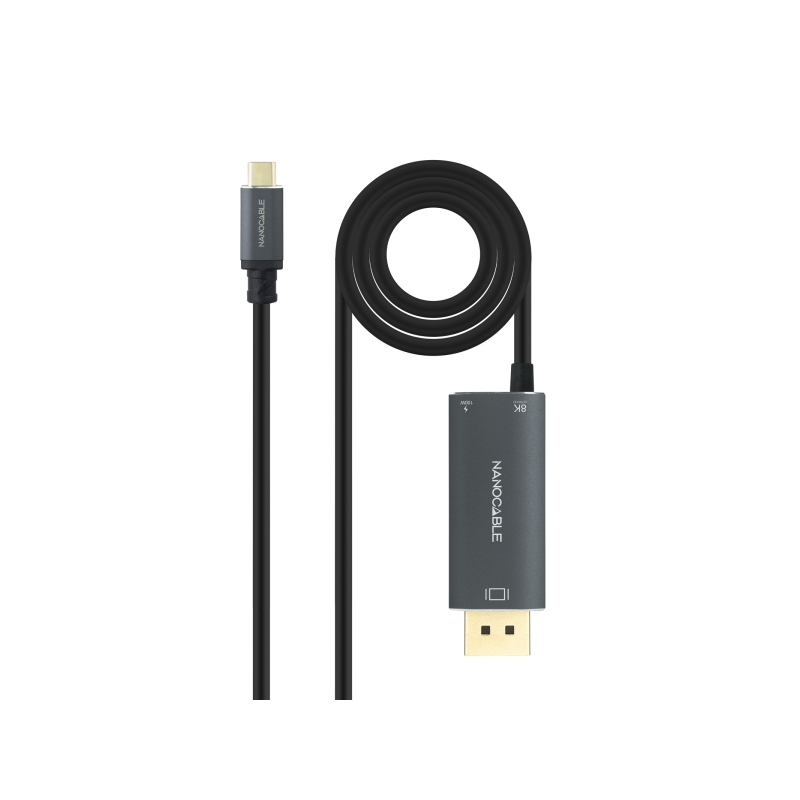 Câble adaptateur Nanocable USB-C vers DisplayPort 1.4 - Longueur : 1,8 m - Résolution : 8K - Boîtier en aluminium - Alimentation
