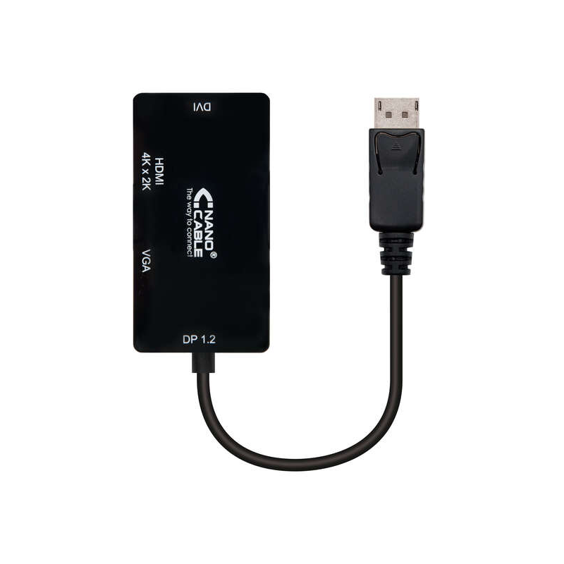 Convertisseur Nanocable Displayport vers VGA / DVI / HDMI - 3 en 1 - DP 1.2/M-VGA/H-DVI/H-HDMI/H 4K - 15 cm - Couleur Noir