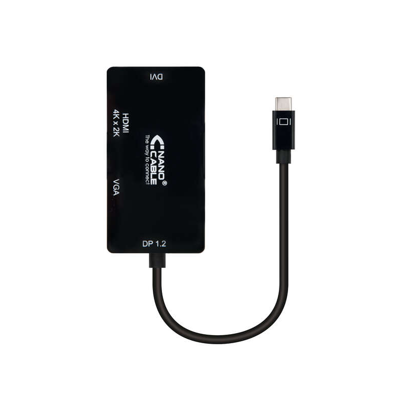 Convertisseur USB-C vers SVGA / DVI / HDMI Nanocable - 3 en 1. USB-C/M-VGA/H-DVI/H-HDMI/H 4K - 10 cm - Couleur Noir
