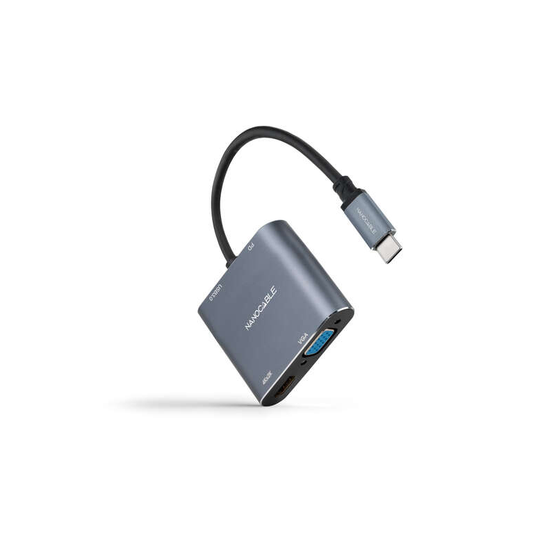 Convertisseur Nanocable USB-C vers HDMI, VGA, USB 3.0 et USB-C PD - Longueur de câble 15cm - Couleur Gris