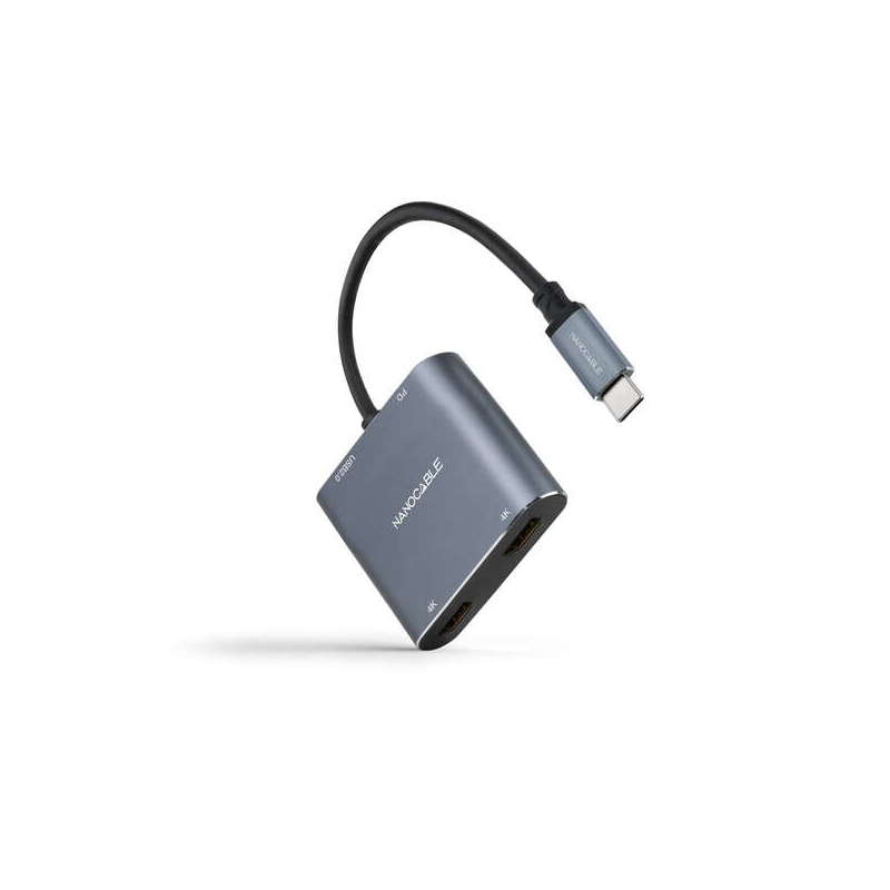 Nanocable USB-C vers 2x HDMI, 1x USB 2.0 et 1x Convertisseur USB-C PD - Longueur de câble 15cm - Couleur Gris