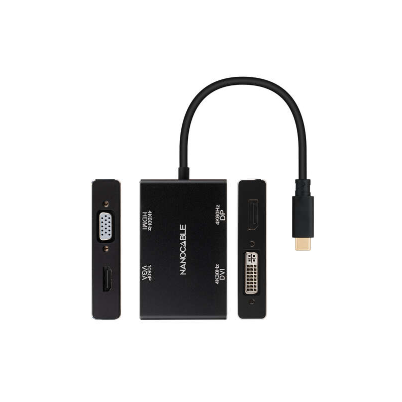 Convertisseur Nanocable USB-C/M vers HDMI/H + DVI/H + DP/H + VGA/H - 10cm - Couleur Noir