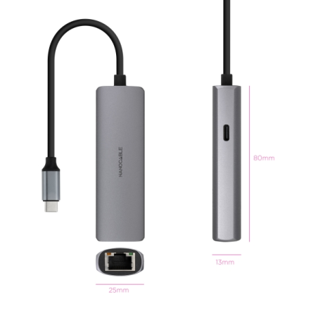 Adaptateur réseau Nanocable USB-C vers Gigabit Ethernet 10/100/1000 Mbps - USB-C 100 W - Aluminium - 18 cm - Gris