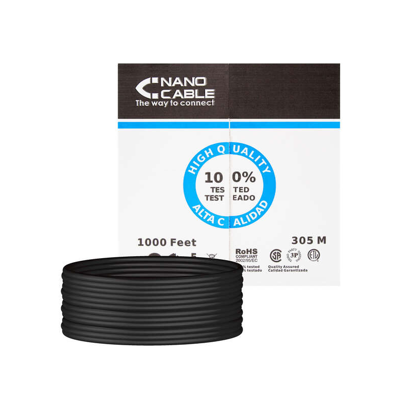 Nanocable Bobine De Câble Réseau Rigide Étanche Pour Extérieur RJ45 Cat.6 UTP AWG24 305m - Couleur Noire