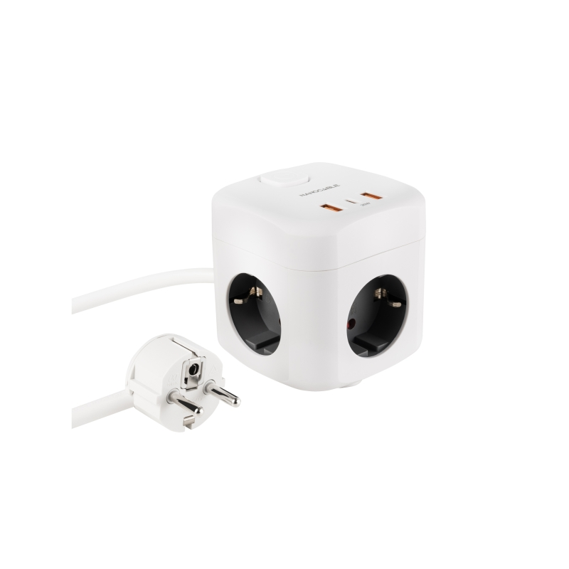 Nanocable Prise Schuko 3 prises + 2x USB-A et 1x USB-C avec interrupteur - Technologie GaN, PPS et PD 20 W - Câble 1,40 m - Blan