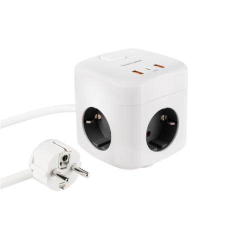 Nanocable Prise Schuko 3 prises + 2x USB-A et 1x USB-C avec interrupteur - Technologie GaN, PPS et PD 20 W - Câble 1,40 m - Blan