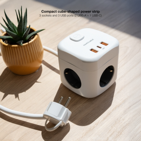 Nanocable Prise Schuko 3 prises + 2x USB-A et 1x USB-C avec interrupteur - Technologie GaN, PPS et PD 20 W - Câble 1,40 m - Blan