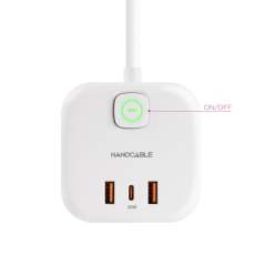 Nanocable Prise Schuko 3 prises + 2x USB-A et 1x USB-C avec interrupteur - Technologie GaN, PPS et PD 20 W - Câble 1,40 m - Blan