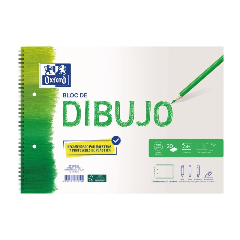 LOT de 5 Bloc à dessin en spirale Oxford School A4+ - Couverture souple/Dos rigide - 20 feuilles 130gr - avec cadre et 2 forets