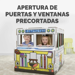 Fellowes Bus Escolar XL para Pintar - Carton Corrugado FSC - Puertas y Ventanas Interactivas - Bordes Redondeados - Montaje sin