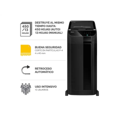 Destructeur de documents automatique Fellowes AutoMax 450C, taille de coupe P-4 - Alimentation automatique 450 feuilles, aliment