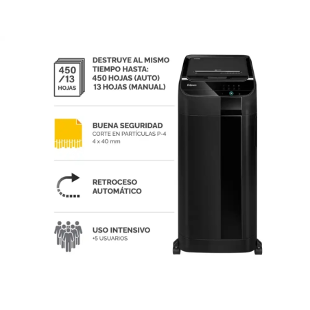 Destructeur de documents automatique Fellowes AutoMax 450C, taille de coupe P-4 - Alimentation automatique 450 feuilles, aliment