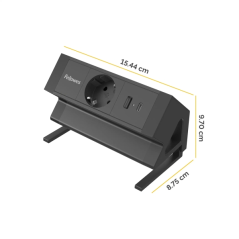 Fellowes Regleta de Sobremesa de 1 Toma - USB-A - USB-C - Cable 2m - Abrazadera para Escritorios de 10 a 45mm - 8.75x15.44x9.7cm